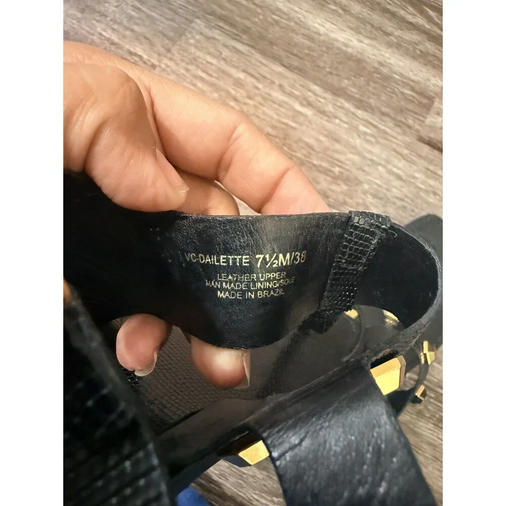 Vince Camuto Women's Black Leather Flat Sandals Size 7.5 M Studded Buckle Design